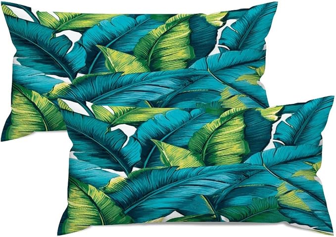 Set of 2 Turquoise Lime Green Teal Blue Aqua Tropical Plants Pillow Covers 12x24in Farmhouse Canvas Cushion Covers Outdoor for Couch Chair Home Decor for Family Friends