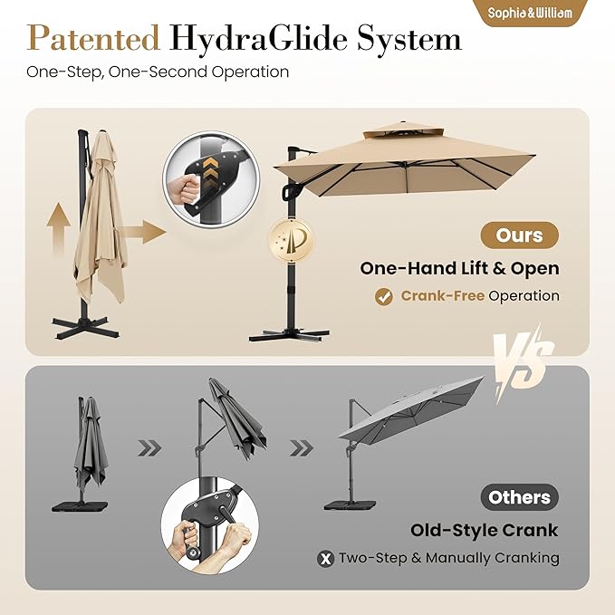Sophia & William Cantilever Patio Umbrella 12ft, Offset Large Outdoor Umbrellas with 360°Rotation, Heavy Duty Hydraulic Double Umbrella for Garden Pool Backyard, Beige (no base)