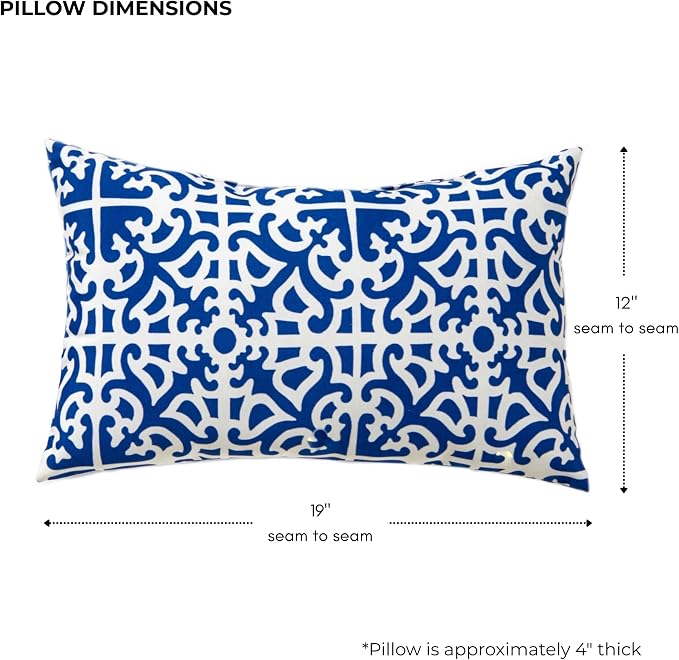 Set of 2 Outdoor Throw Pillows 19 x 12 Inch – Reversible Rectangle Patio Accent Pillows – Weather-Resistant Polyester Fabric – Eco-Friendly Recycled Polyfiber Fill – Indigo Lattice
