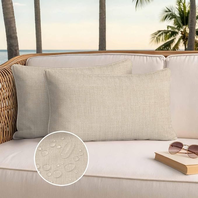 Pack of 2 Waterproof Outdoor Pillow Covers 20x12 Inch Decorative Pillow Covers Vintage Cream Throw Pillowcases Farmhouse Retro Beige Solid Color Outdoor Cushion Cover for Couch, Patio, Tent