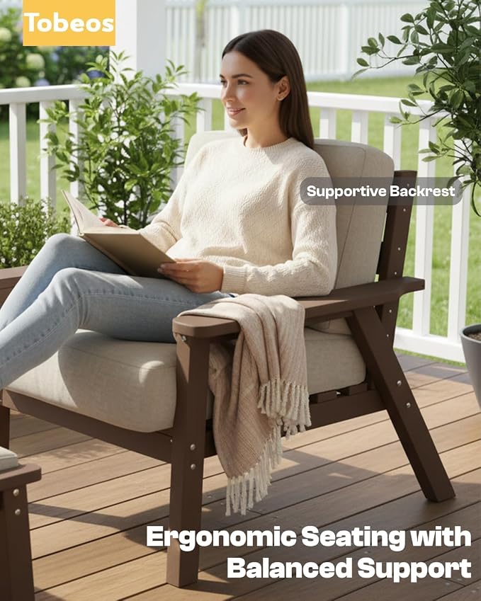 HDPE Patio Furniture Set 8 Seats, Outdoor Couch with Washable Thick Beige Cushions & Side Table, Outdoor Sectional Furniture for Backyard, Deck, Lawn, Porch (Brown Frame)