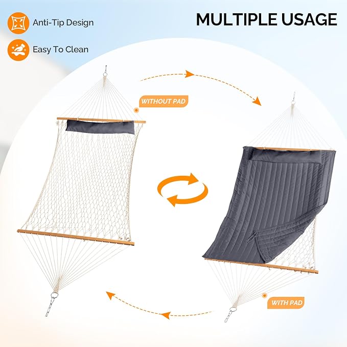 ONCLOUD Double Hammock with Stand for Outside, Rope Hammock with Pillow and Pad, Heavy Duty Hammock Set for Backyard, 550 LBS (Grey)