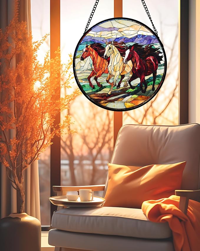 Stained Glass Window Hanging, Galloping Horses Sun Catcher for Door Home Decor Colorful Suncatcher Christmas Mother's Day Birthday Gifts for Women Men Mom and Nana 9.8 in