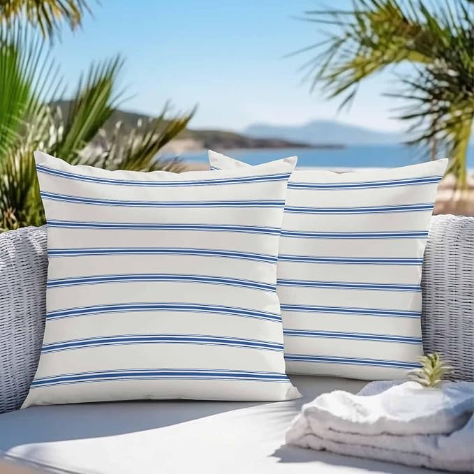 Vandarllin Outdoor Throw Pillows Covers 18x18 inch Set of 2 Waterproof Blue Stripes Decorative Zippered Cushion Covers for Patio Furniture, Abstract Lines Striped Lumbar Pillowcases