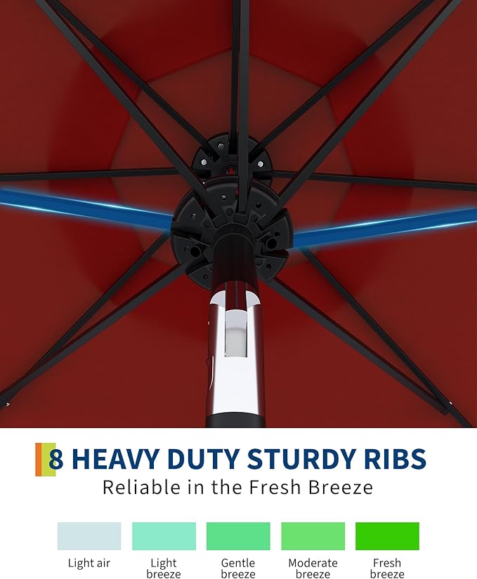 GarveeLife Patio Umbrella with Lights, 8 Ribs Outdoor Market Table Umbrella for Pool, Deck, Backyard (Red, 9 ft)