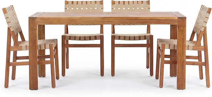Christopher Knight Home Balew Acacia Wood Patio Dining Set for 4, Solid Wood Outdoor Dining Table Set for 4, 5 Piece Outdoor Dining Set with Rectangular Table and Woven Rope Accents, Teak+Beige