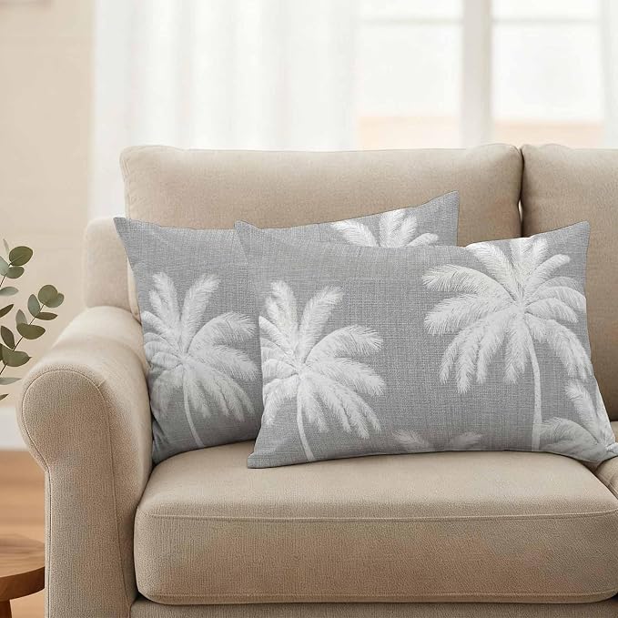 Lumbar Pillow Covers 20x12 Inch Set of 2, Grey Palm Trees Waterproof Outdoor Pillow Covers, Farmhouse Tropical Summer Beach Decorative Cushion Pillowcases for Couch, Sofa, Bed, Garden, Patio