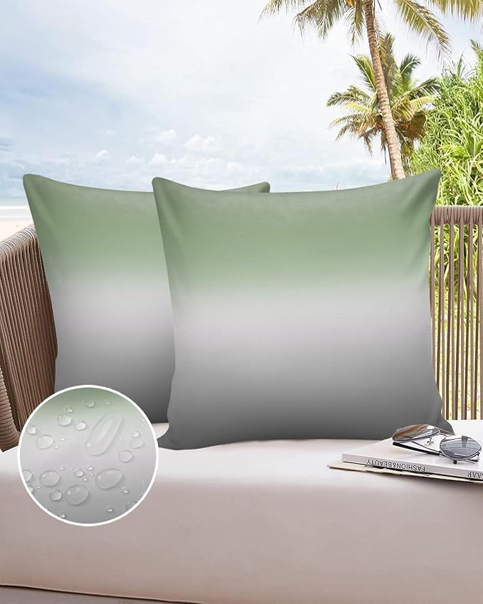 Outdoor Waterproof Throw Pillow Covers Set of 2 Sage Green Pillowcases 26x26 Inches Ombre Green Grey Patio Decorative Pillows Cushion Case Patio Pillows for Couch Bed Chair Garden