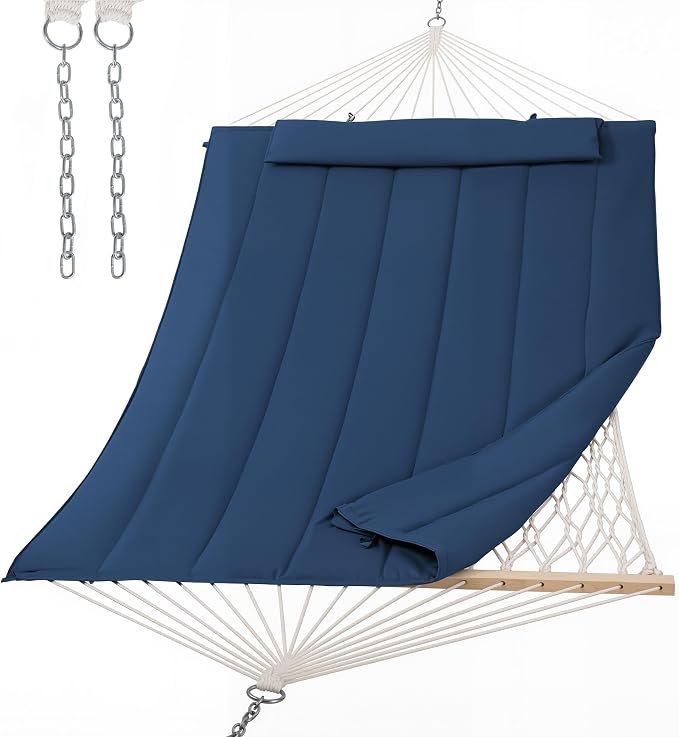 SUNCREAT Hammocks Outdoor Double Hammock with Hardwood Spreader Bar, Heavy Duty Cotton Rope Hammock with Polyester Pad, Dark Blue