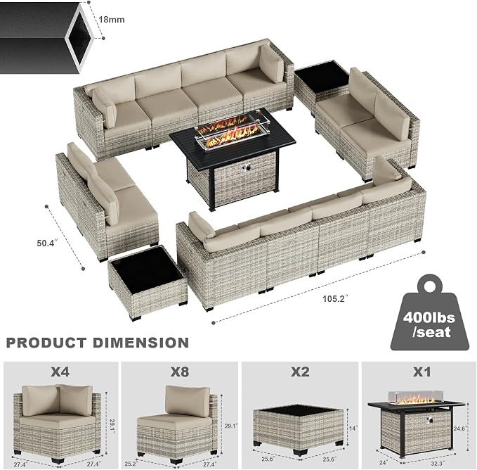 15-Piece Patio Furniture Set, Outdoor Patio Furniture with 55,000 BTU Fire Pit Table, Thick Cushions, Modular Patio Sofa, Dual-Strand Wicker Rattan, Rust-Resistant Frame, Khaki