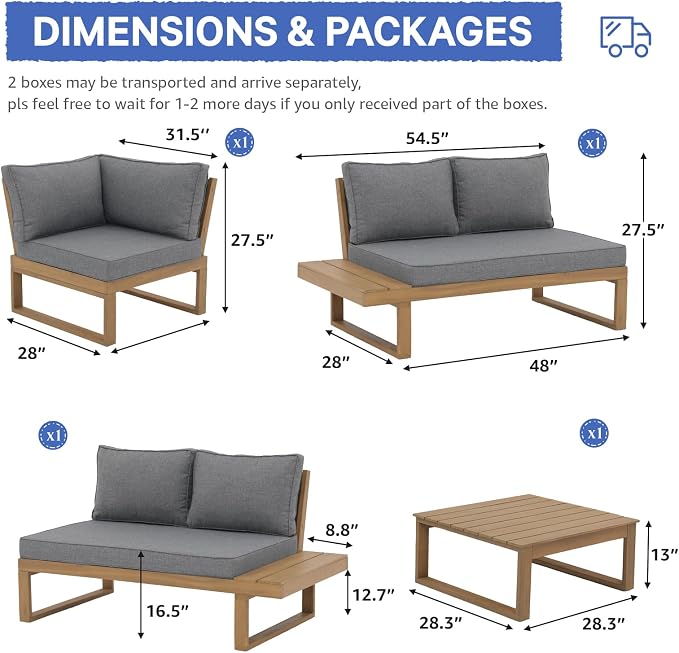 Soleil Jardin 4 Piece Acacia Wood Patio Furniture L-Shaped Outdoor Sectional Sofa Set with Coffee Table, FSC Certified Conversation Set with Built-in Side Table and Grey Cushions for Garden