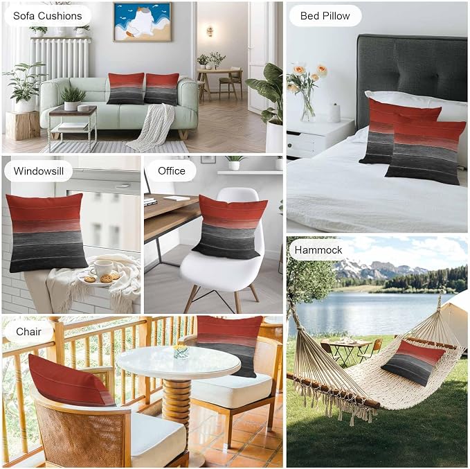 Red Gray Black Outdoor Pillow Covers 24x24 Inch Throw Pillow Covers Set of 2 Waterproof Decorative Pillow Cases Vintage Country Gradient Wooden Grain Cushion Covers for Patio Furniture Garden Couch