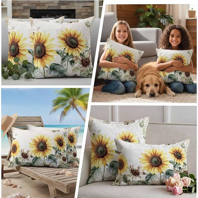Vintage Yellow Sunflowers Outdoor Waterproof Throw Pillow Covers Set of 2, 20"x20", American Pastoral Style Decorative Pillow Covers Outside Cushion Case for Patio Porch Garden