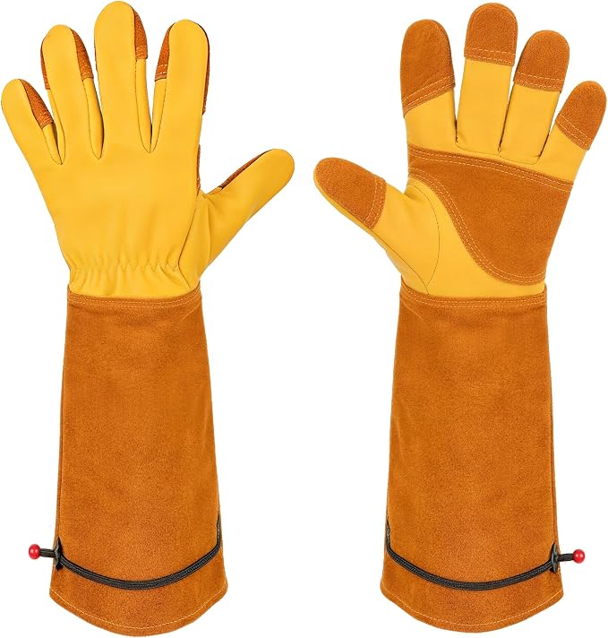 Aegend Long Gardening Gloves for Men, Reinforced Fingertips Cowhide Leather, Elbow-Length Gauntlet Cuff, Breathable & Durable for Yard Work Fit for Large Hands (Gold Yellow, XL)