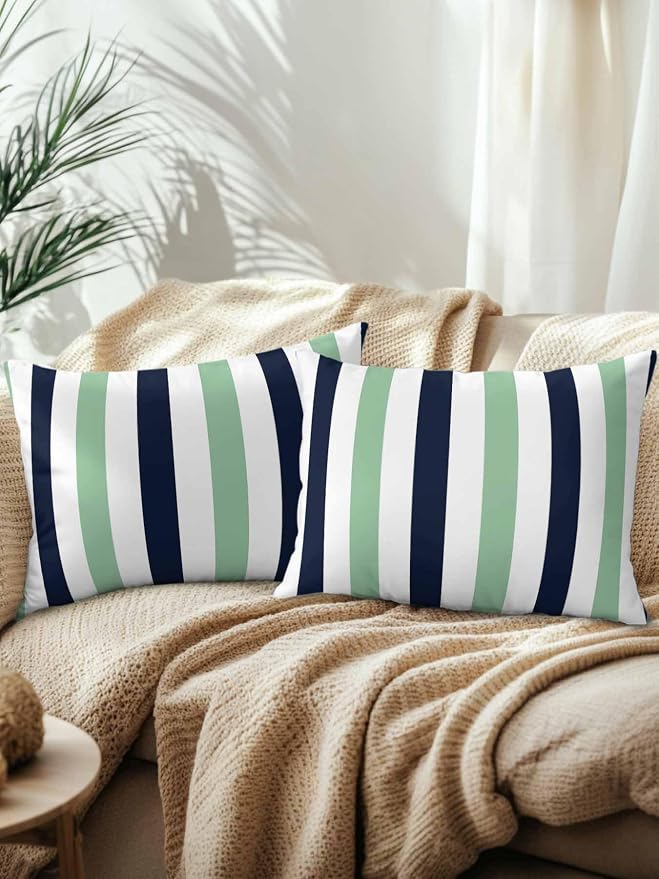 Outdoor Pillows Waterproof, Light Green Navy Blue Striped Bedding Throw Pillows with Insert for Couch Sofa Bed, Farmhouse Stripe Art 12x20 Inch Pillowcases Camping Patio Pillow Set of 2