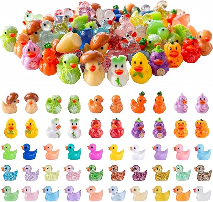 Novelty Vegetable Mini Resin Duck Figurines, 100 Pcs Miniature Ducks to Hide (50 Veggie & 50 Classic Assorted), Tiny Animals for Fairy Garden, DIY Crafts, Micro Landscape & Office Décor