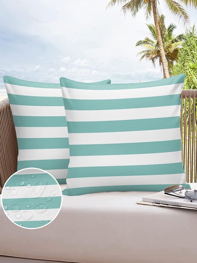 Outdoor Waterproof Pillow Covers for Patio Furniture Solid Striped Decorative Throw Pillow Cover Teal Blue Pillowcases Set of 2 Cushion Case for Sofa Couch Chair Home Decor 20 x 20 Inches