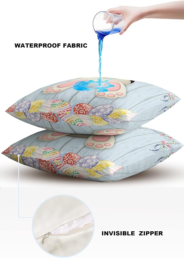 Vandarllin Outdoor Throw Pillows Covers 18X18 Set of 2 Waterproof Bunny Butt Easter Eggs Decorative Zippered Lumbar Cushion Covers for Patio Furniture, Spring Flower Wood Grain