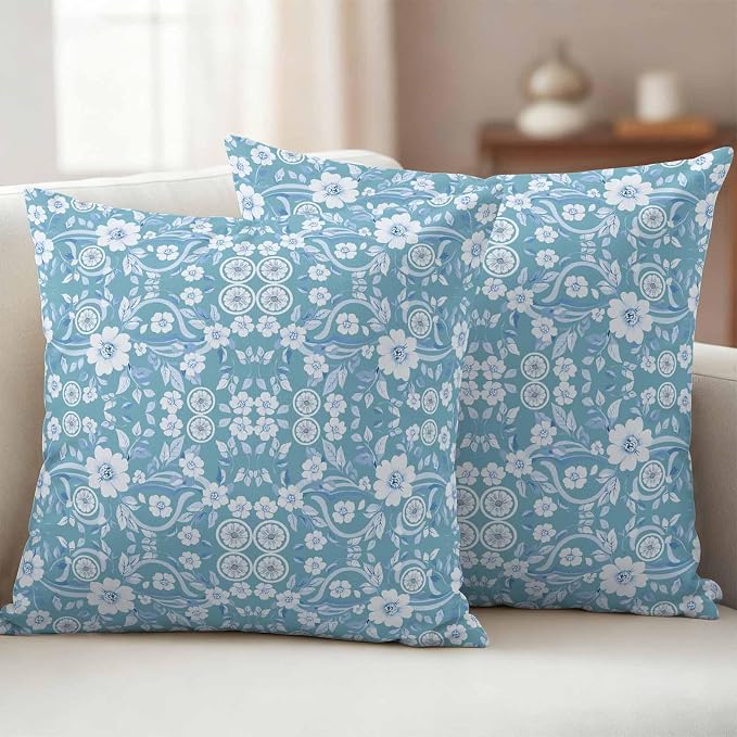 Blue Floral Outdoor Pillow Covers 20x20 Inch Throw Pillow Covers Set of 2 Waterproof Decorative Pillow Cases Vintage Pastoral Botanical Leaves Cushion Covers for Patio Furniture Garden Couch Sofa