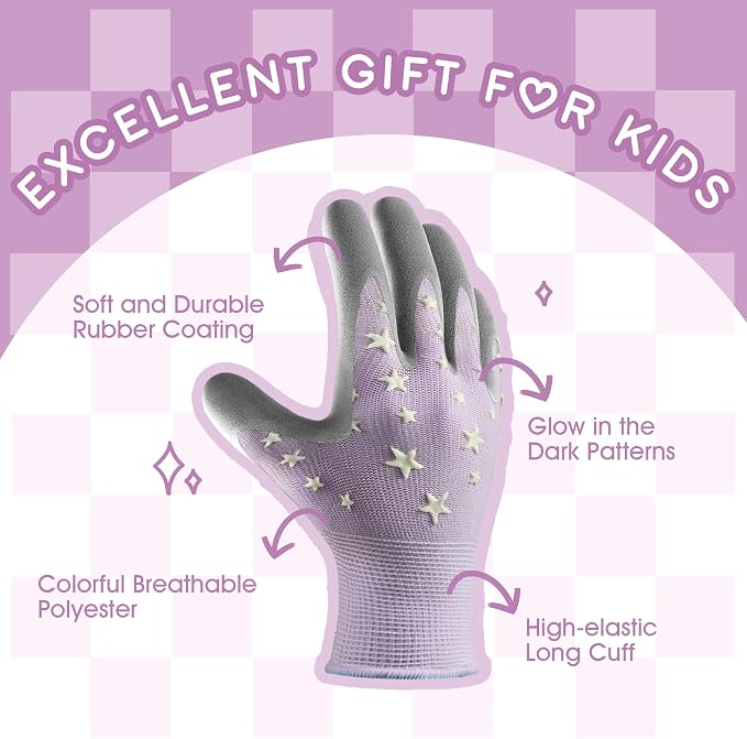 COOLJOB Glow in The Dark Kids Gardening Gloves for Age 3-5, 2 Pairs Children Reflective Yard Work Rubber Coated Gloves, Light Blue with Cloud & Moon, Purple with Stars, Small