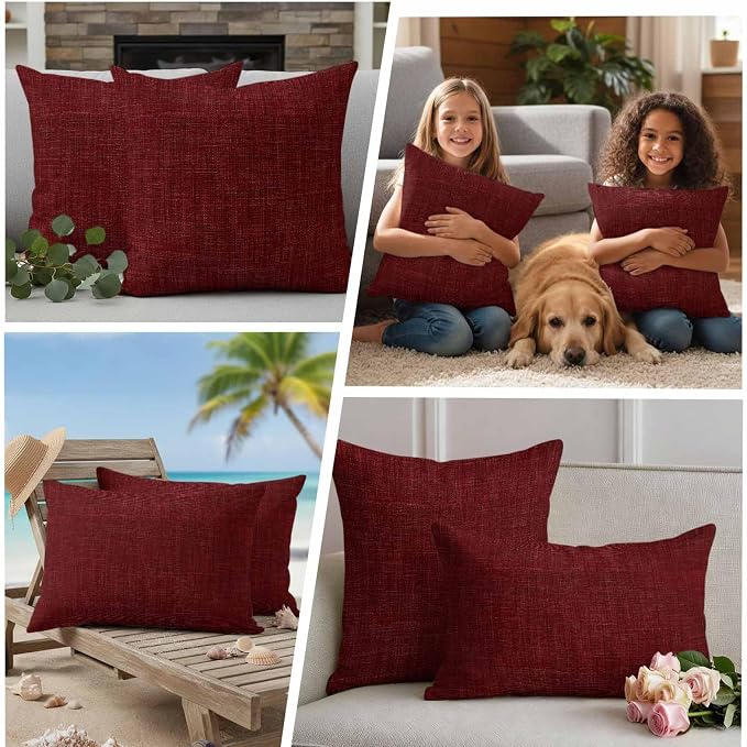 Outdoor Waterproof Throw Pillow Covers Set of 2 Wine Red Linen Pillowcases 26x26 Inches Farmhouse Pure Color Decorative Pillows Cushion Case Patio Pillows for Couch Bed Chair Garden