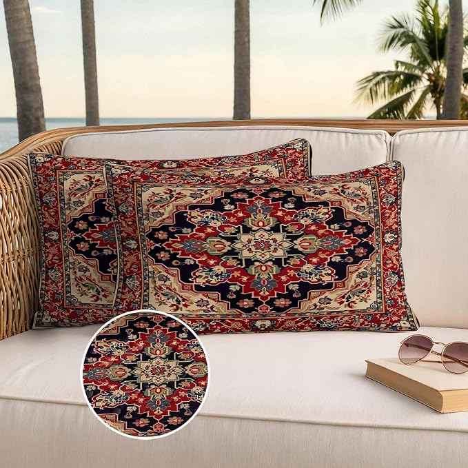 Red Vintage Outdoor Waterproof Throw Pillow Covers Set of 2, 20"x12", Floral Pattern Ethnic Style Decorative Pillow Covers Outside Cushion Case for Patio Porch Garden