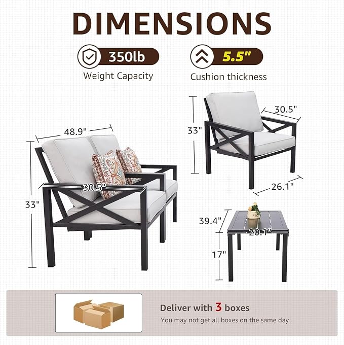 4-Piece Outdoor Patio Furniture Set, Metal Sectional Sofa with Cushions and Coffee Table, Patio Conversation Set for Balcony Garden Outdoor Seating(Beige)