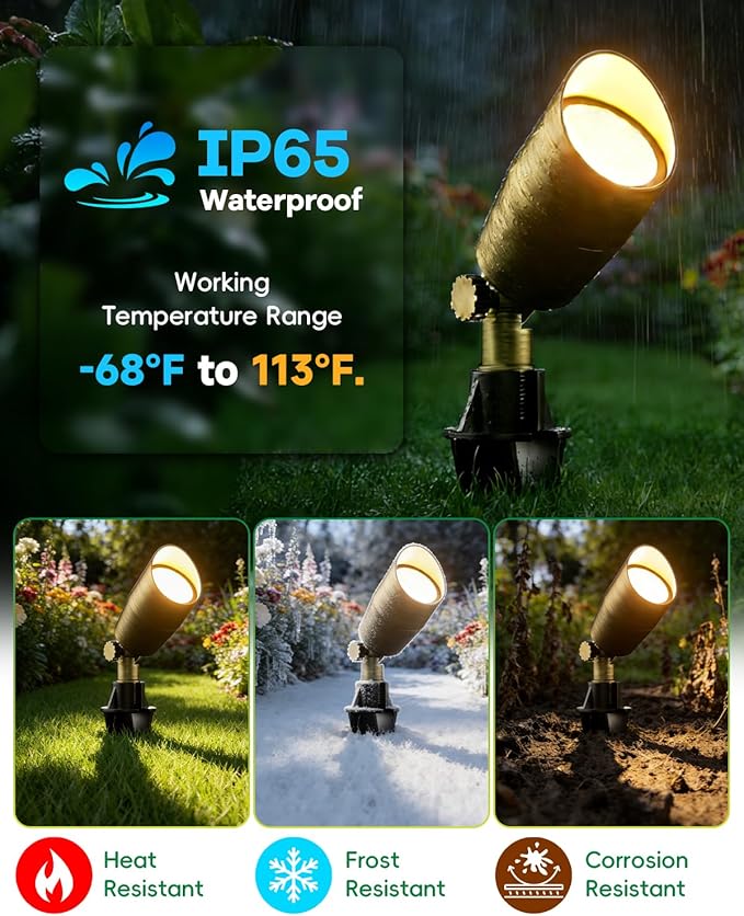 Low Voltage Brass Landscape Light, Solid Outdoor Spotlight with Replaceable MR16 LED Bulb 5W, 2700K Warm White, 12V 24V Landscape Lighting, Waterproof Design for Garden, Yard