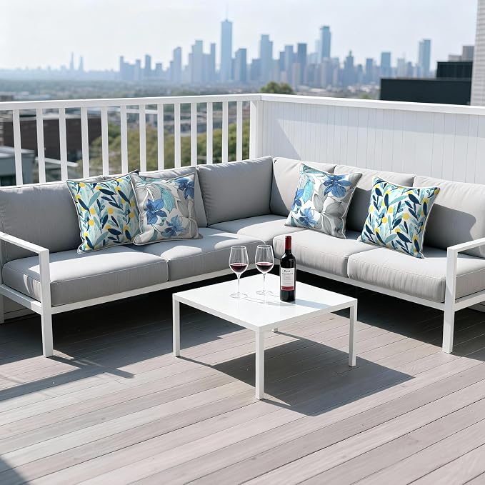 Outdoor Throw Pillows Inners, Fade Resistant Patio Furniture Square Pillows with Piping Set of 2 for Patio Furniture, 18x18 Inch, Clemens Blue