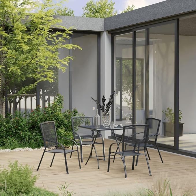 5 Piece Metal Patio Dining Set, Anthracite Square Garden Table and 4 Chairs Combo, Modern Heavy Duty Steel Bistro Set with Weather Resistant E-Coating for Backyard, Balcony and Terrace