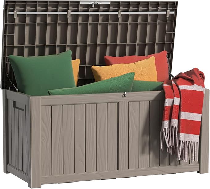 EasyUp 150 Gallon Outdoor Storage Box, Resin Waterproof UV-Resistant Deck Box with Hydraulic Lid Support, Reinforced Stability for Patio, Garden, and Poolside, Gray