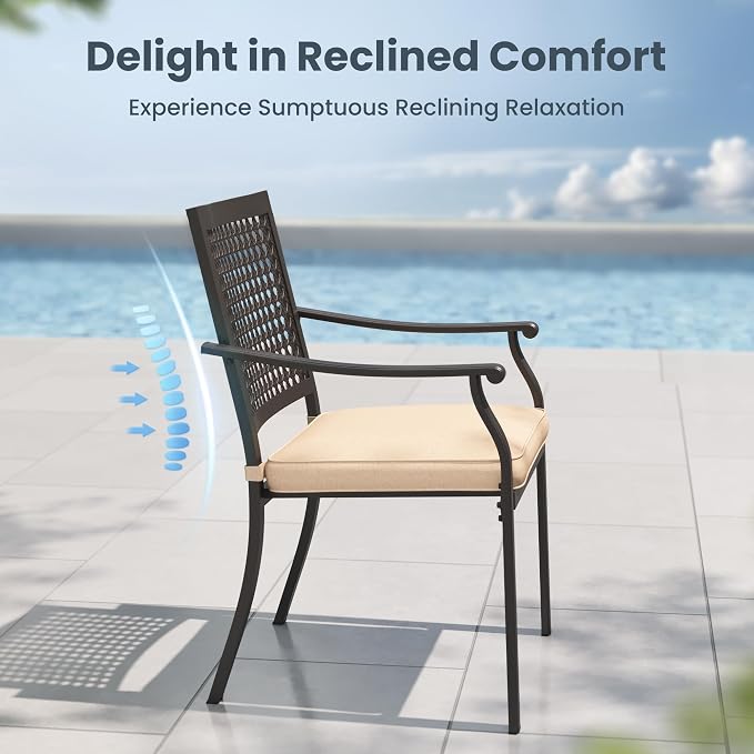 PHI VILLA Outdoor Dining Set for 6, 54" Round Metal Table w/Umbrella Hole | 7 pcs black wrought iron furniture set w/ cushions. All weather for patio, deck, yard, porch