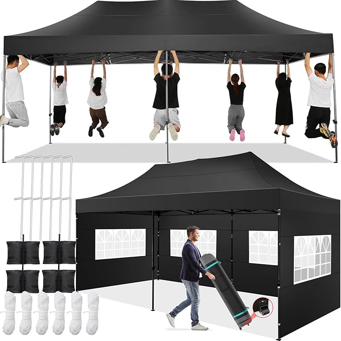 COBIZI 10x20 Pop up Canopy Tent 10x20 Canopy with 6 Sidewalls Waterproof Heavy Duty Commercial Canopy Tent for Parties Outdoor Garden Gazebo, Carry Bag with Wheel(10x20ft,Space Black)