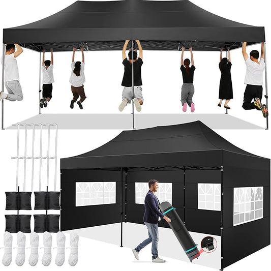 COBIZI 10x20 Pop up Canopy Tent 10x20 Canopy with 6 Sidewalls Waterproof Heavy Duty Commercial Canopy Tent for Parties Outdoor Garden Gazebo, Carry Bag with Wheel(10x20ft,Space Black)