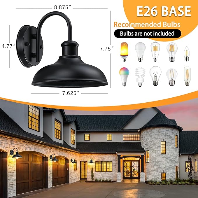 Gooseneck Outdoor Light Fixtures, Farmhouse Barn Lights for Porch, Black | Industrial Black Exterior Wall Sconce for Garage, E26 Base Anti-Rust for Garage Frontdoor Entryway Doorway (No Sensor)