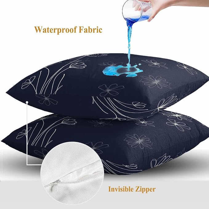 Throw Pillow Covers 18x18 Inch Set of 2, Navy Blue Waterproof Outdoor Pillow Covers, Spring Flora Decorative Cushion Pillowcases for Couch, Sofa, Bed, Garden, Patio