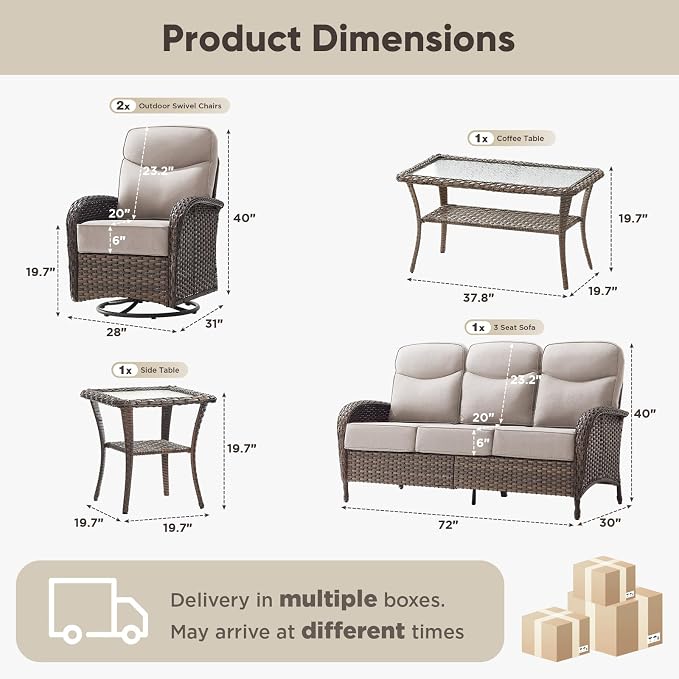 HUMMUH 5-Piece Patio Furniture Set with 6" Thick Cushion High Back Outdoor Swivel Rocker Chairs,3-Seater Sofa,Coffee Table & Ottomans,Wicker Outdoor Conversation Set for Deck, Porch,Poolside