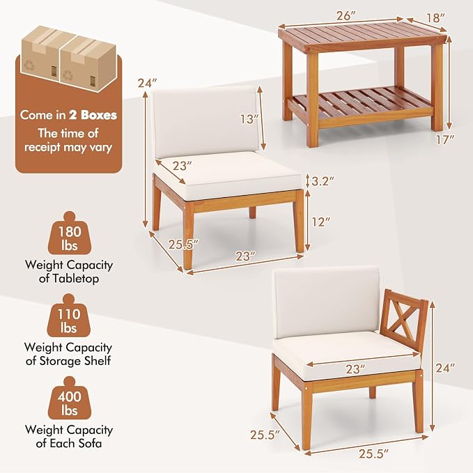 Tangkula 5 Pieces Acacia Wood Patio Furniture Set, Outdoor Sectional Conversation Set with Cushions and 2-Tier Coffee Table, Outdoor Bistro Furniture Set for Garden, Backyard and Poolside