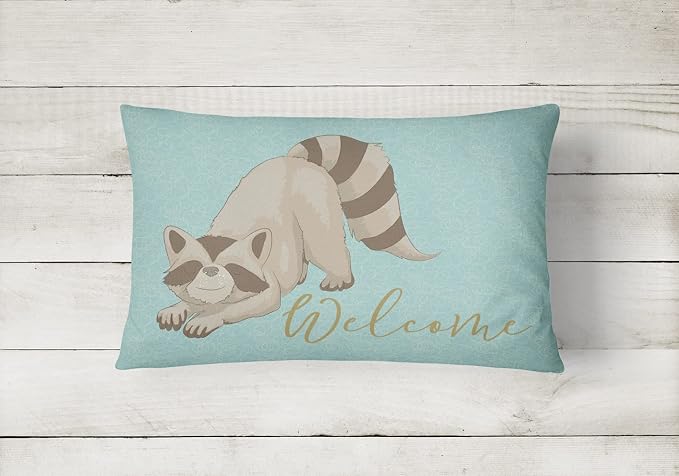Caroline's Treasures BB8560PW1216 Raccoon Welcome Canvas Fabric Decorative Pillow Machine Washable, Indoor Outdoor Decorative Pillow for Couch, Bed or Patio, 12HX16W