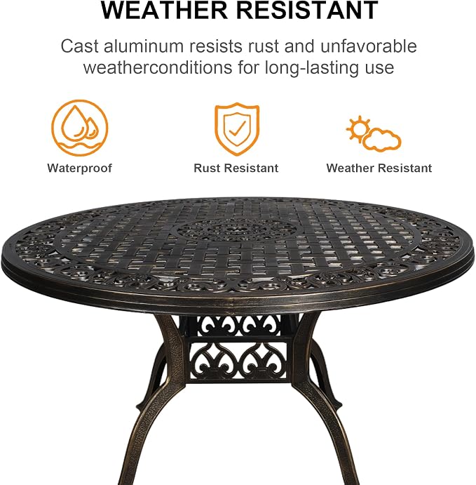 5 Piece Modern Outdoor Dining Set for 4, Bronze Aluminum Patio Table and Chairs, 48" Round Table with Umbrella Hole, Weather Resistant