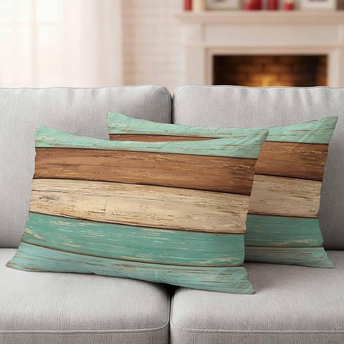 Farmhouse Teal Blue Brown Outdoor Waterproof Pillow Covers, Vintage Wooden Striped Decorative Rectangle Throw Pillowcase Sofa Cushion Sham for Patio/Couch/Chair, 20"x12" 2 Pack