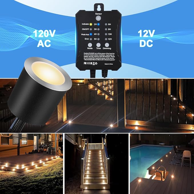 Dimmable LED Deck Lights with Timer and Photocell Sensor and Protecting Shell φ32mm,30Pack Outdoor LED Smart Deck Lighting IP67 Waterproof for Garden,Yard Stair, Patio, Floor Decoration