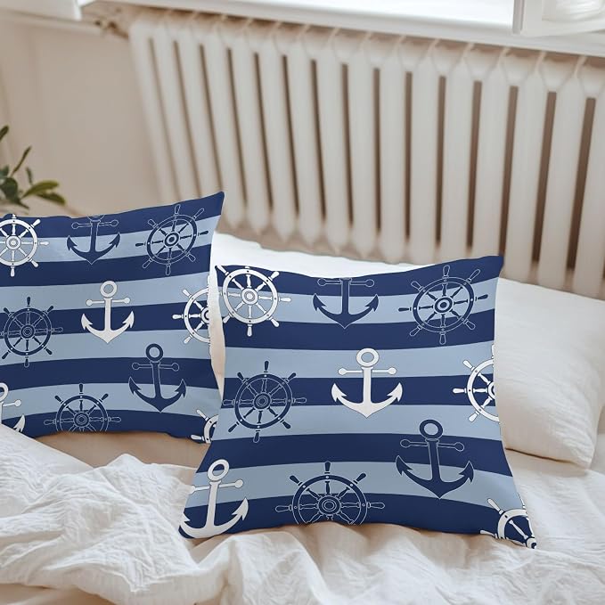 Nautical Ship Anchors Waterproof Outdoor Pillow Covers Set of 2 Home Decor, Navy Blue Horizontal Stripes Lumbar Pillowcase Patio Pillow Covers for Couch Bench Patio Furniture Garden 20x20in