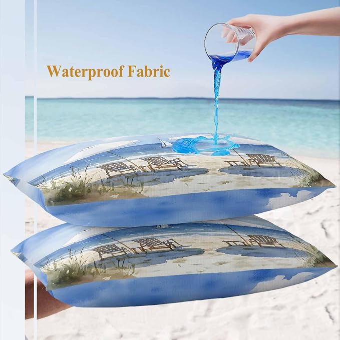 Watercolor Summer Beach Outdoor Waterproof Throw Pillow Covers Set of 2, 20"x12", Sun Umbrella Beach Chair Decorative Pillow Covers Outside Cushion Case for Patio Porch Garden