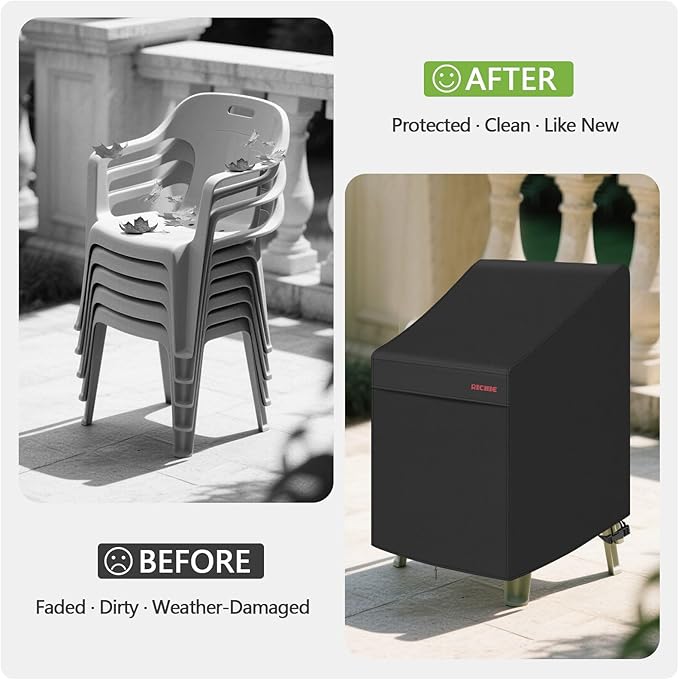 RICHIE Stackable Patio Chair Cover, 600D Stacking Outdoor Chair Cover Waterproof, High Back Covers for 4-6 Stackable Dining Chairs, UV Resistant Patio Furniture Covers, 35”Dx27”Wx45”H, Black, 1 Pack