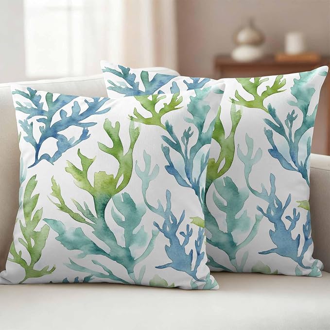 JasmineM Outdoor Pillow Cover 16x16 Inches Set of 2 Blue Teal Coral Waterproof Throw Pillow Covers Watercolor Green Decorative Pillowcases Garden Cushion Case for Patio Couch Sofa