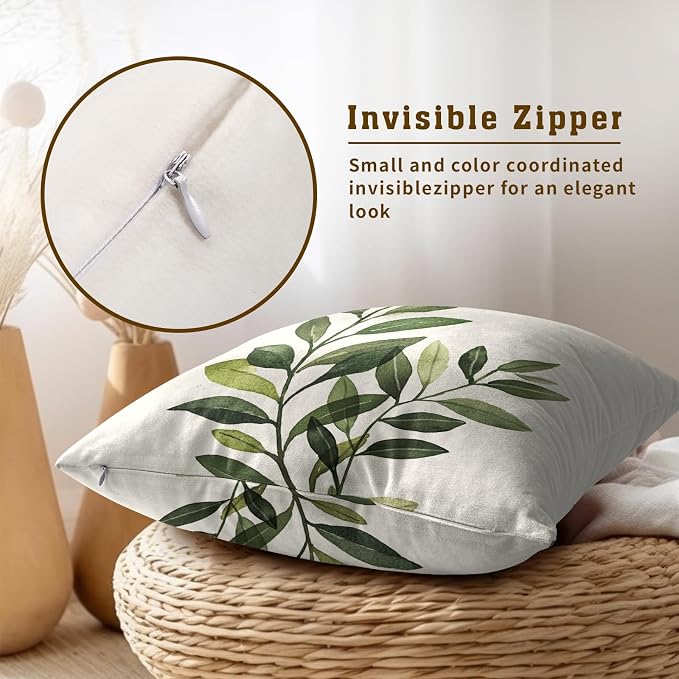 Sage Green Leaf Pillow Covers 22x22 Inch, Set of 2 Rustic Spring Summer Plants Leaves Cotton Square Pillowcases for Sofa Couch Bedroom Living Room Car Indoor Outdoor Home Decor