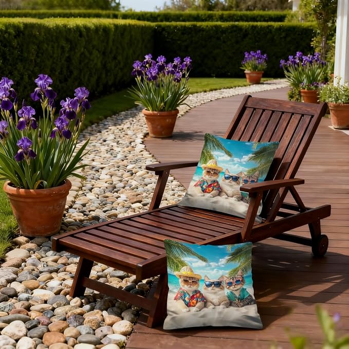 16x16 Inch Outdoor Pillow Covers Set of 2 Waterproof Throw Pillow Covers Decorative Couch Cushion Covers Beach Cats Sea Square Pillowcases Protectors for Patio Garden Sofa