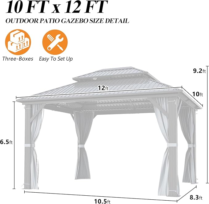 GARTOO 10'x12' Outdoor Hardtop Gazebo with Double Roof - Heavy-Duty Steel Top Aluminum Frame Gazebo with Breathable Netting & Privacy Curtain for Patio, Porch, Garden, Lawn, Deck, Backyard