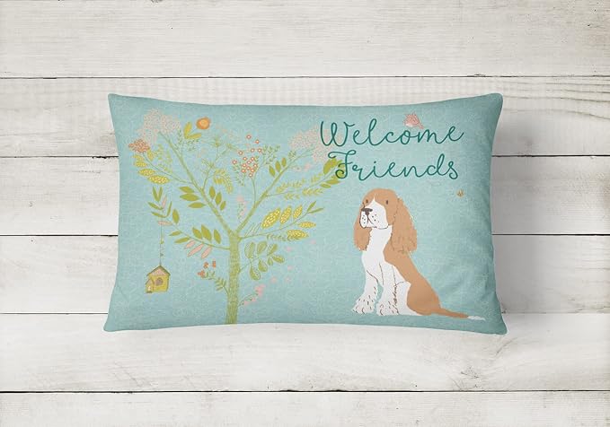 Caroline's Treasures BB7620PW1216 Welcome Friends Gold Springer Spaniel Canvas Fabric Decorative Pillow Machine Washable, Indoor Outdoor Decorative Pillow for Couch, Bed or Patio, 12HX16W